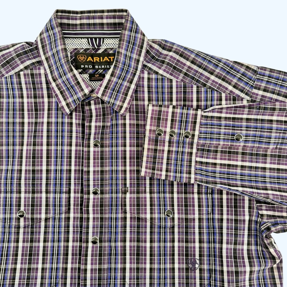 Ariat Pro Series Mens Small Purple Plaid Long Sleeve Snap Front Western Shirt